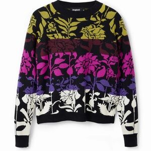 DESIGUAL Floral Jacquard Pullover Sweater Colourblock Size Medium *FLAW